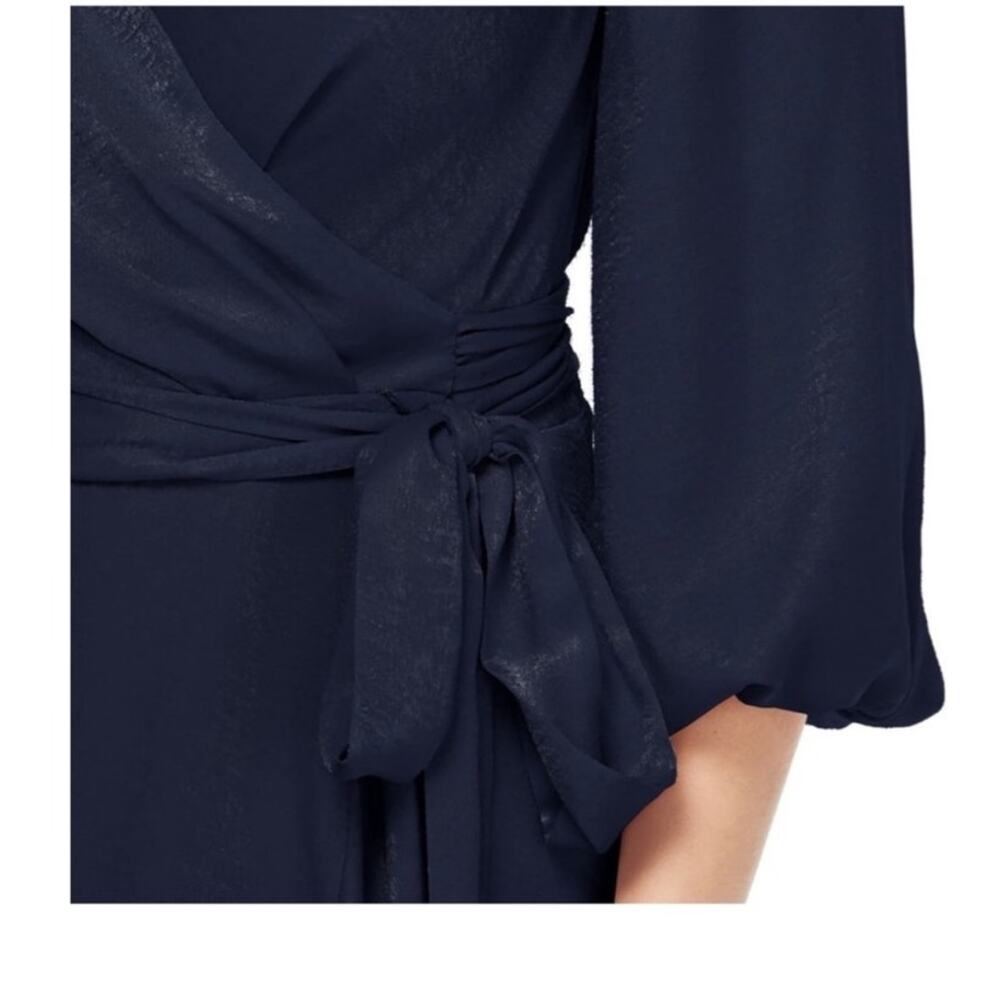 Gal Meets Glam Jennifer Navy Midi Satin Ruffle Wrap Hi Low Dress Size 2 - Picture 5 of 11